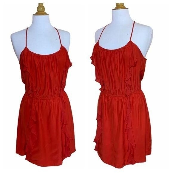 PARKER Red Silk Ruffled Racer Back Mini Dress - Medium - Picture 2 of 11